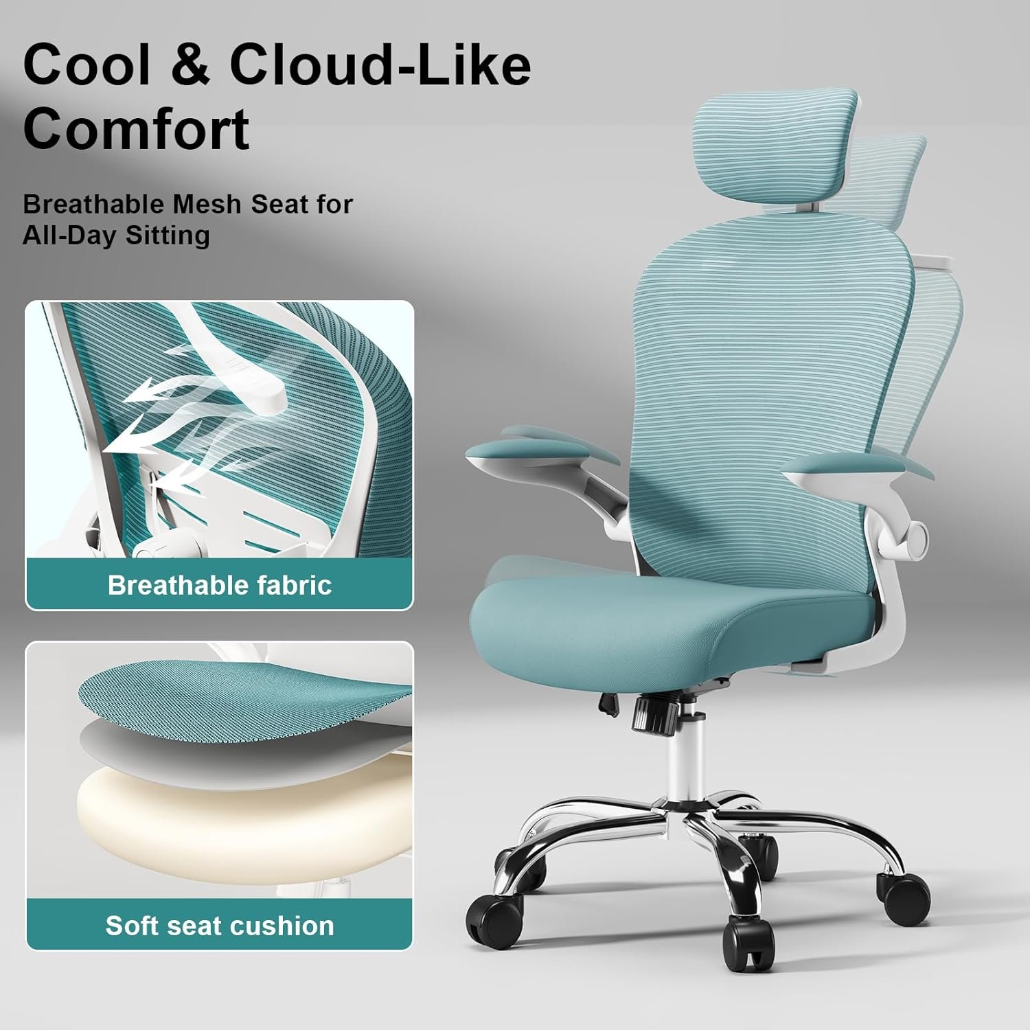 Asiento microajustable detallado, asiento de elevación y movimiento, soporte lumbar 2D, reposabrazos 2D con reposacabezas. Silla de oficina, silla de estudio, silla de juego. (W-gris) - Imagen 54