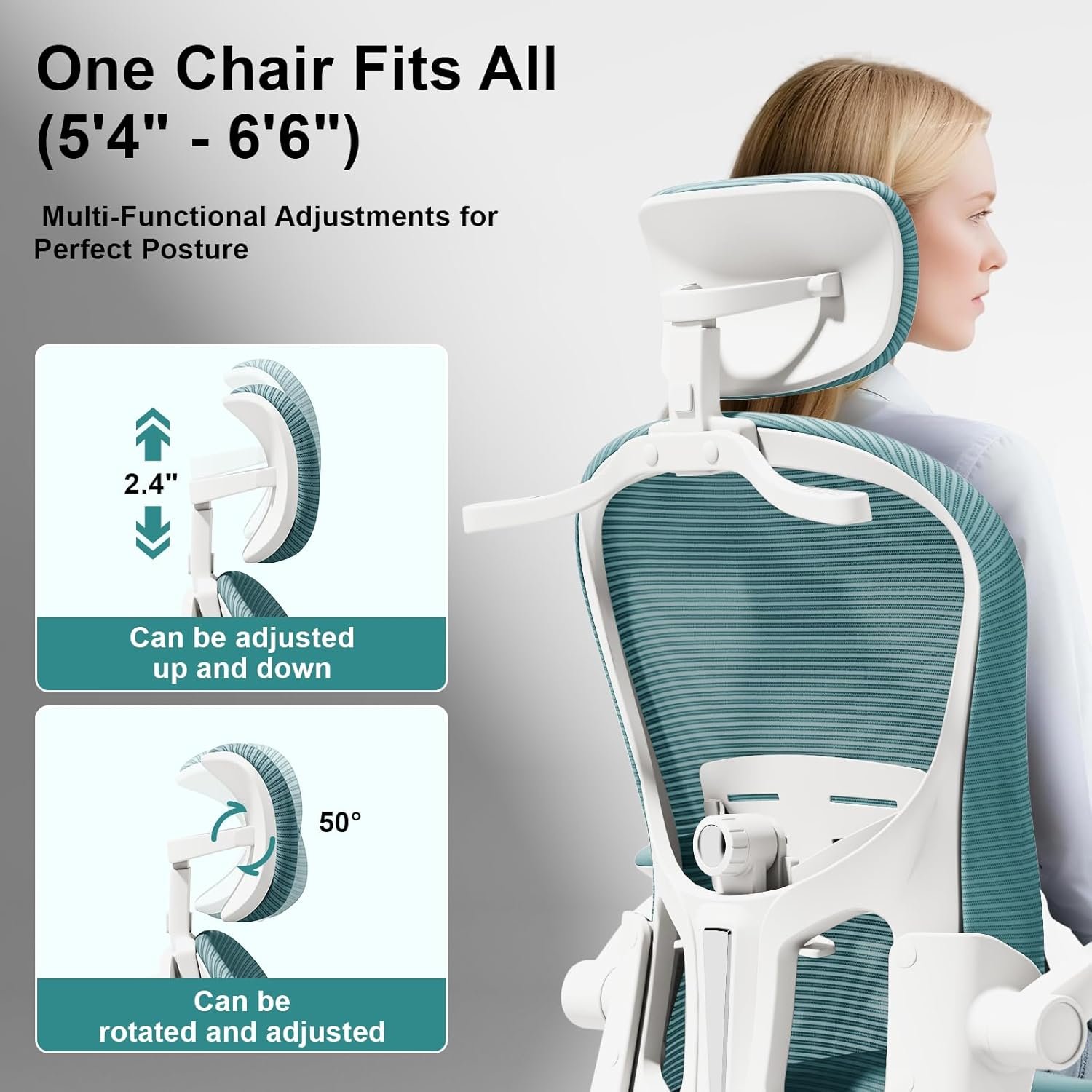 Asiento microajustable detallado, asiento de elevación y movimiento, soporte lumbar 2D, reposabrazos 2D con reposacabezas. Silla de oficina, silla de estudio, silla de juego. (W-gris) - Imagen 56