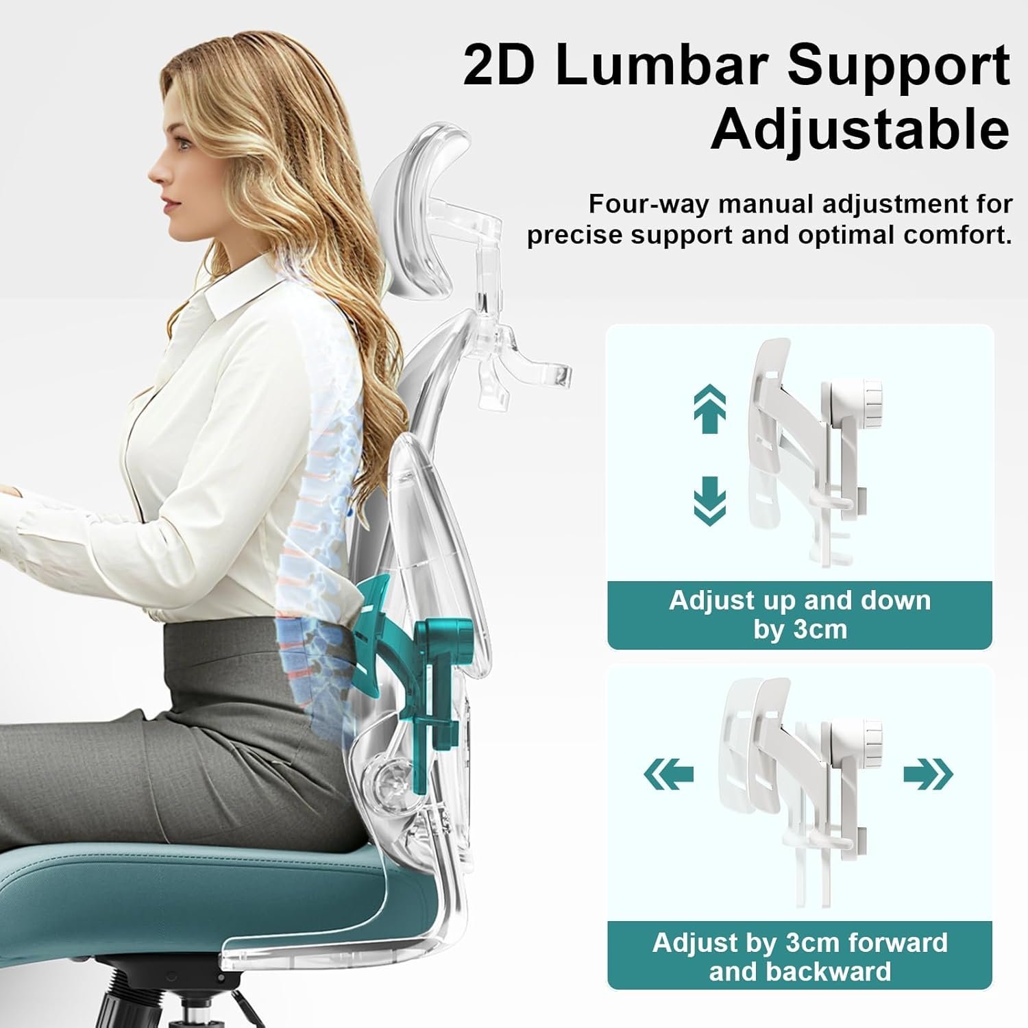 Asiento microajustable detallado, asiento de elevación y movimiento, soporte lumbar 2D, reposabrazos 2D con reposacabezas. Silla de oficina, silla de estudio, silla de juego. (W-gris) - Imagen 57