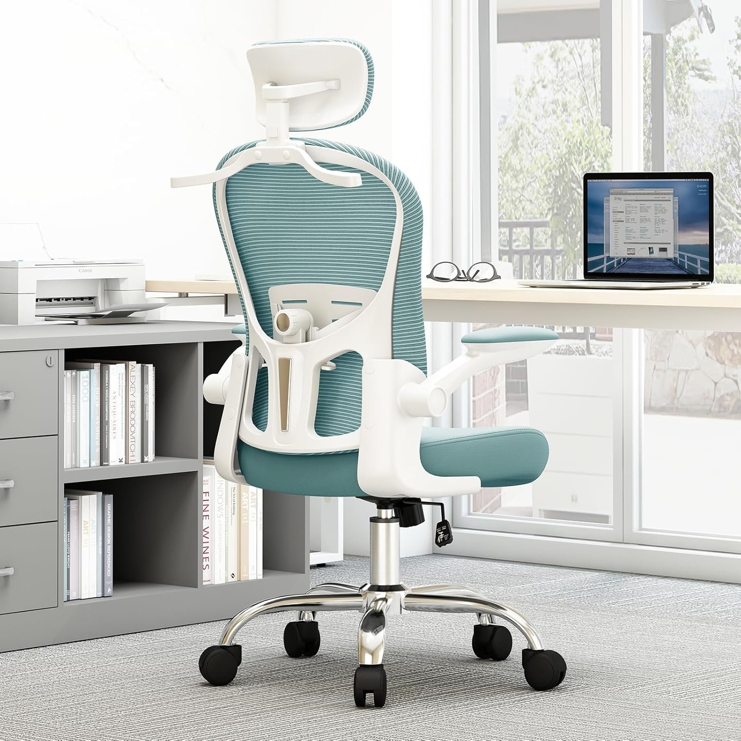 Asiento microajustable detallado, asiento de elevación y movimiento, soporte lumbar 2D, reposabrazos 2D con reposacabezas. Silla de oficina, silla de estudio, silla de juego. (W-gris) - Imagen 58