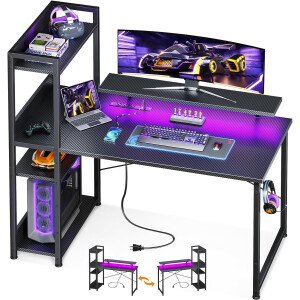 ODK Escritorio reversible para juegos con luces LED, escritorio de computadora de 40 pulgadas con estantes de almacenamiento y soporte para monitor, mesa de estudio para oficina en casa, dormitorio de