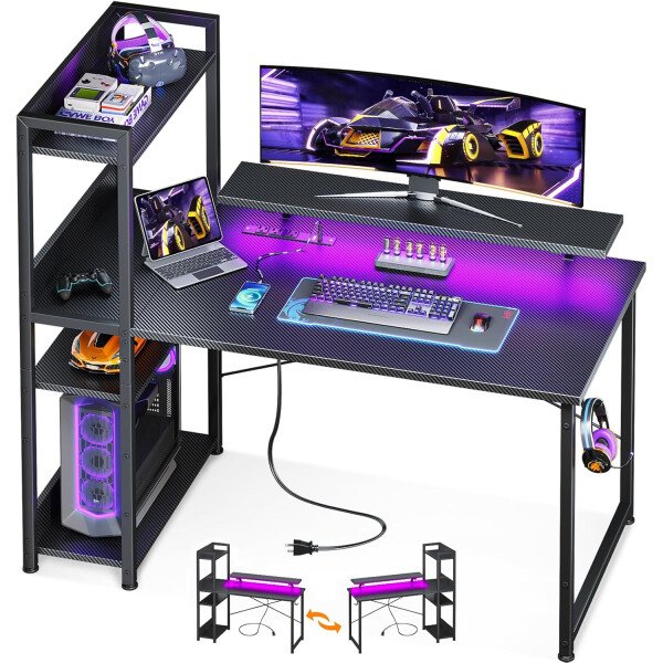 ODK Escritorio reversible para juegos con luces LED, escritorio de computadora de 40 pulgadas con estantes de almacenamiento y soporte para monitor, mesa de estudio para oficina en casa, dormitorio de