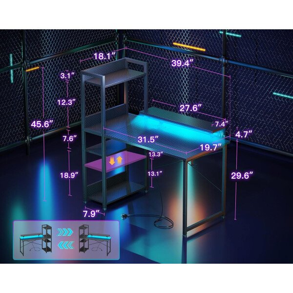 ODK Escritorio reversible para juegos con luces LED, escritorio de computadora de 40 pulgadas con estantes de almacenamiento y soporte para monitor, mesa de estudio para oficina en casa, dormitorio de - Imagen 3