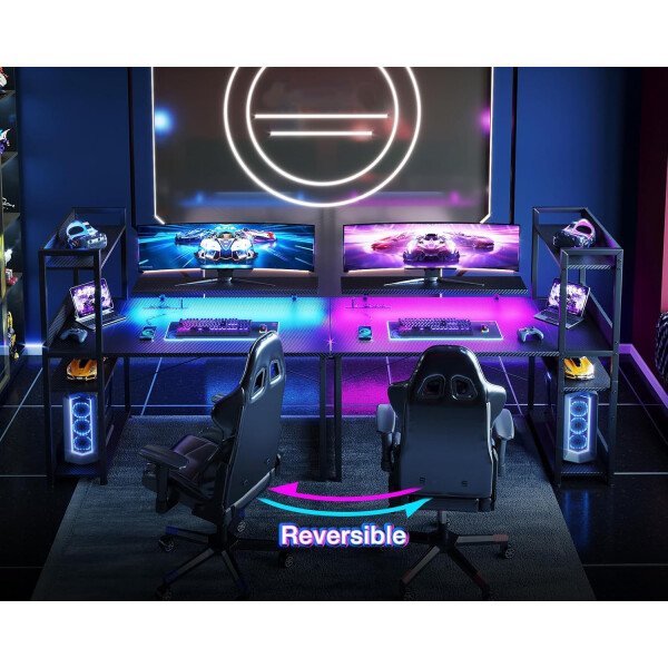 ODK Escritorio reversible para juegos con luces LED, escritorio de computadora de 40 pulgadas con estantes de almacenamiento y soporte para monitor, mesa de estudio para oficina en casa, dormitorio de - Imagen 6