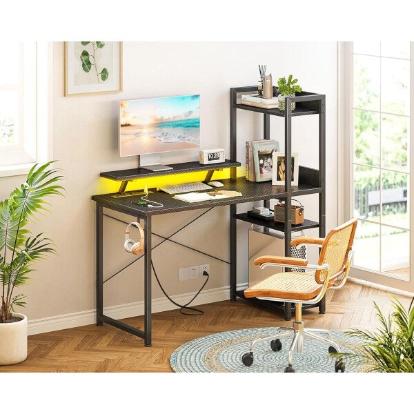 ODK Escritorio reversible para juegos con luces LED, escritorio de computadora de 40 pulgadas con estantes de almacenamiento y soporte para monitor, mesa de estudio para oficina en casa, dormitorio de - Imagen 8