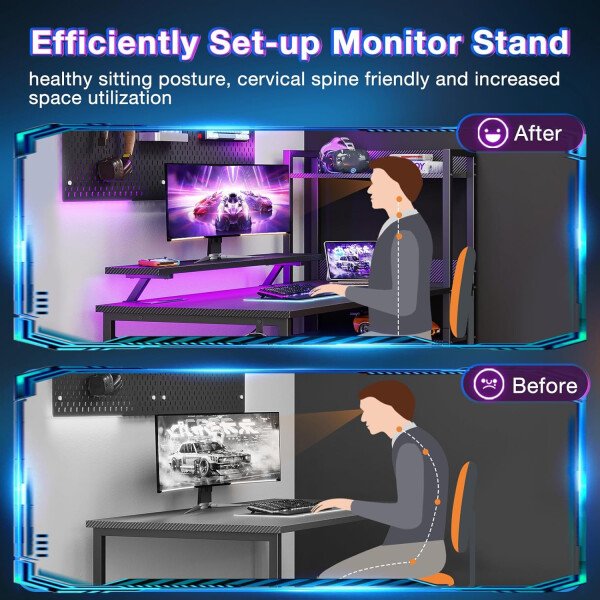ODK Escritorio reversible para juegos con luces LED, escritorio de computadora de 40 pulgadas con estantes de almacenamiento y soporte para monitor, mesa de estudio para oficina en casa, dormitorio de - Imagen 9