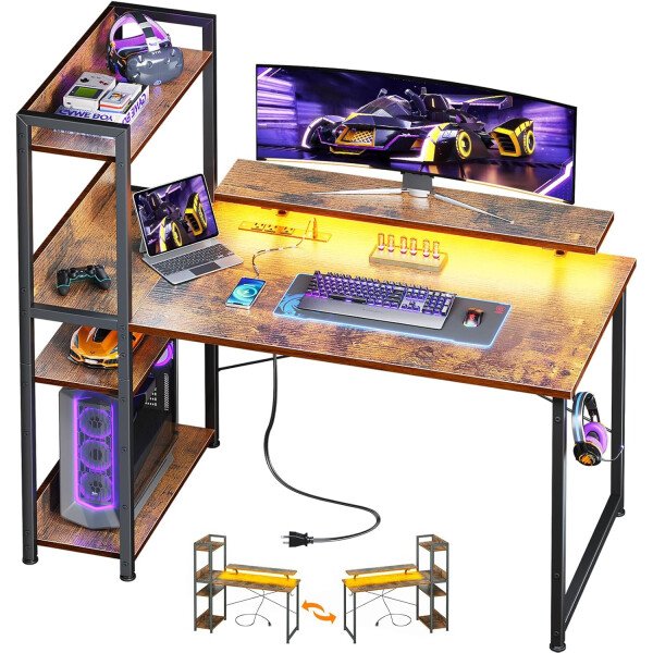 ODK Escritorio reversible para juegos con luces LED, escritorio de computadora de 40 pulgadas con estantes de almacenamiento y soporte para monitor, mesa de estudio para oficina en casa, dormitorio de - Imagen 10