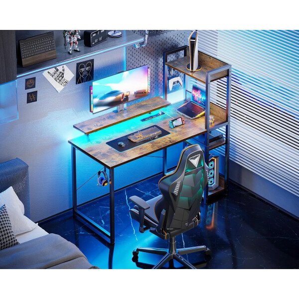 ODK Escritorio reversible para juegos con luces LED, escritorio de computadora de 40 pulgadas con estantes de almacenamiento y soporte para monitor, mesa de estudio para oficina en casa, dormitorio de - Imagen 11