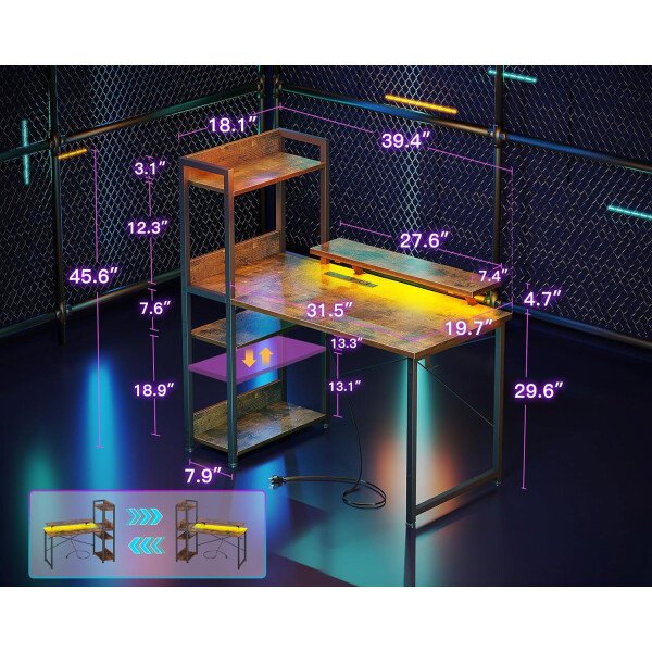 ODK Escritorio reversible para juegos con luces LED, escritorio de computadora de 40 pulgadas con estantes de almacenamiento y soporte para monitor, mesa de estudio para oficina en casa, dormitorio de - Imagen 12