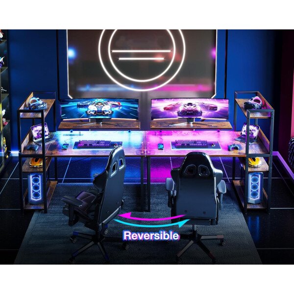 ODK Escritorio reversible para juegos con luces LED, escritorio de computadora de 40 pulgadas con estantes de almacenamiento y soporte para monitor, mesa de estudio para oficina en casa, dormitorio de - Imagen 13