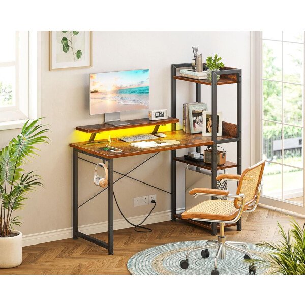 ODK Escritorio reversible para juegos con luces LED, escritorio de computadora de 40 pulgadas con estantes de almacenamiento y soporte para monitor, mesa de estudio para oficina en casa, dormitorio de - Imagen 17