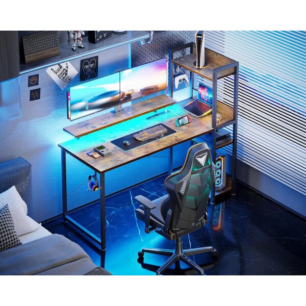 ODK Escritorio reversible para juegos con luces LED, escritorio de computadora de 40 pulgadas con estantes de almacenamiento y soporte para monitor, mesa de estudio para oficina en casa, dormitorio de - Imagen 20