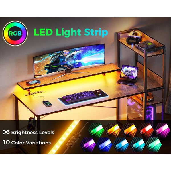 ODK Escritorio reversible para juegos con luces LED, escritorio de computadora de 40 pulgadas con estantes de almacenamiento y soporte para monitor, mesa de estudio para oficina en casa, dormitorio de - Imagen 22
