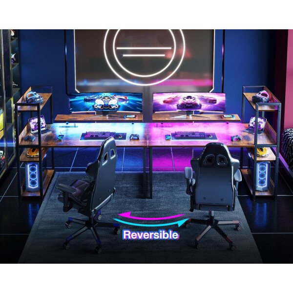 ODK Escritorio reversible para juegos con luces LED, escritorio de computadora de 40 pulgadas con estantes de almacenamiento y soporte para monitor, mesa de estudio para oficina en casa, dormitorio de - Imagen 23