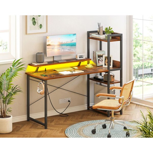 ODK Escritorio reversible para juegos con luces LED, escritorio de computadora de 40 pulgadas con estantes de almacenamiento y soporte para monitor, mesa de estudio para oficina en casa, dormitorio de - Imagen 24