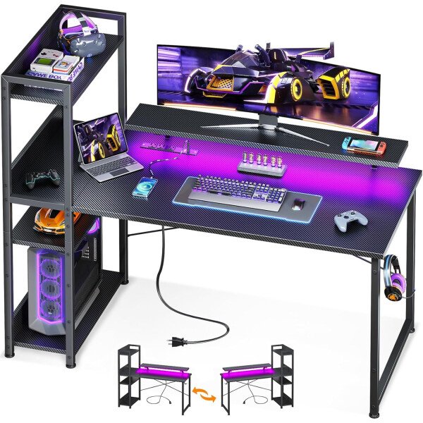 ODK Escritorio reversible para juegos con luces LED, escritorio de computadora de 40 pulgadas con estantes de almacenamiento y soporte para monitor, mesa de estudio para oficina en casa, dormitorio de - Imagen 26