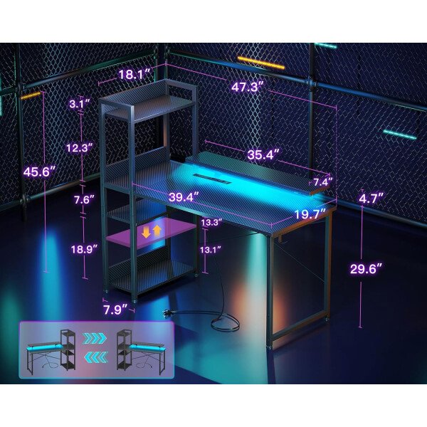 ODK Escritorio reversible para juegos con luces LED, escritorio de computadora de 40 pulgadas con estantes de almacenamiento y soporte para monitor, mesa de estudio para oficina en casa, dormitorio de - Imagen 28