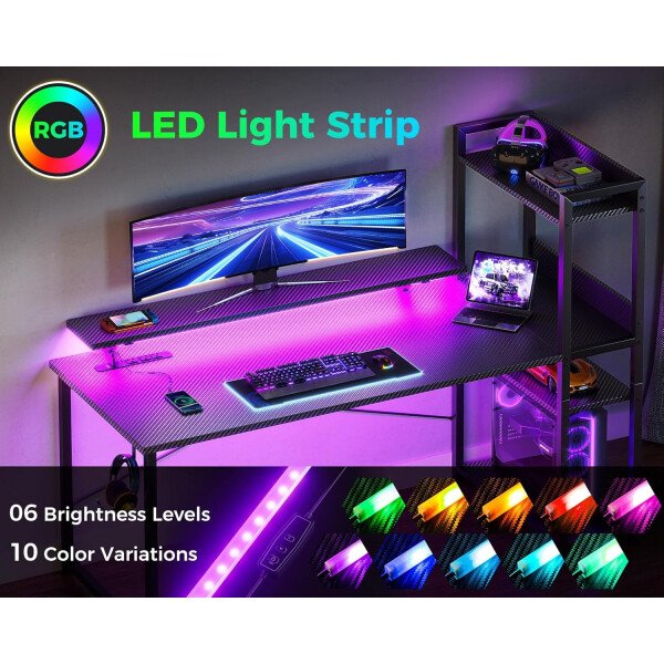 ODK Escritorio reversible para juegos con luces LED, escritorio de computadora de 40 pulgadas con estantes de almacenamiento y soporte para monitor, mesa de estudio para oficina en casa, dormitorio de - Imagen 29