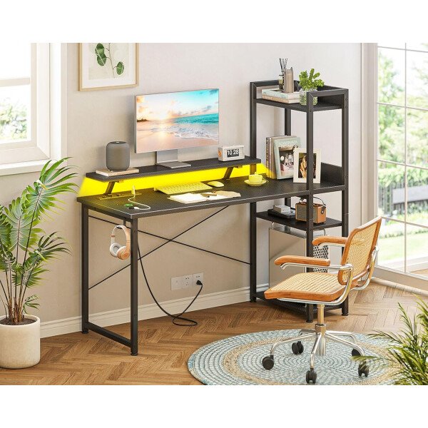 ODK Escritorio reversible para juegos con luces LED, escritorio de computadora de 40 pulgadas con estantes de almacenamiento y soporte para monitor, mesa de estudio para oficina en casa, dormitorio de - Imagen 31