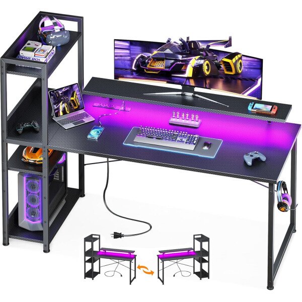 ODK Escritorio reversible para juegos con luces LED, escritorio de computadora de 40 pulgadas con estantes de almacenamiento y soporte para monitor, mesa de estudio para oficina en casa, dormitorio de - Imagen 33