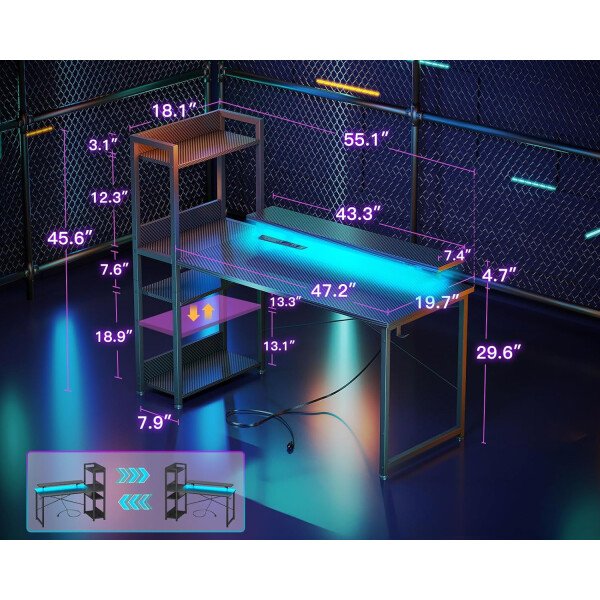 ODK Escritorio reversible para juegos con luces LED, escritorio de computadora de 40 pulgadas con estantes de almacenamiento y soporte para monitor, mesa de estudio para oficina en casa, dormitorio de - Imagen 35