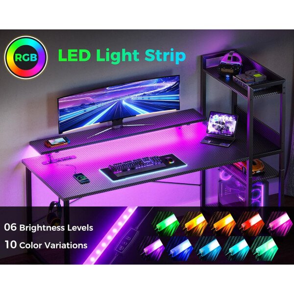 ODK Escritorio reversible para juegos con luces LED, escritorio de computadora de 40 pulgadas con estantes de almacenamiento y soporte para monitor, mesa de estudio para oficina en casa, dormitorio de - Imagen 36