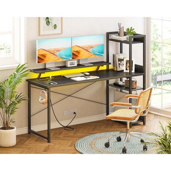 ODK Escritorio reversible para juegos con luces LED, escritorio de computadora de 40 pulgadas con estantes de almacenamiento y soporte para monitor, mesa de estudio para oficina en casa, dormitorio de - Imagen 38