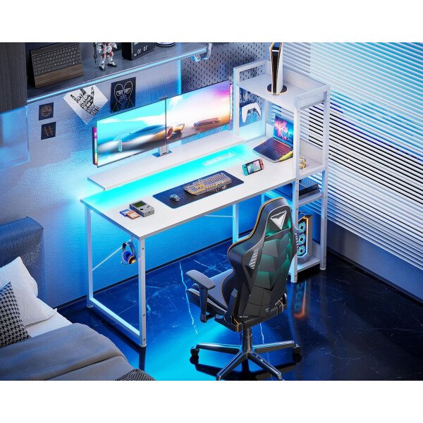 ODK Escritorio reversible para juegos con luces LED, escritorio de computadora de 40 pulgadas con estantes de almacenamiento y soporte para monitor, mesa de estudio para oficina en casa, dormitorio de - Imagen 41