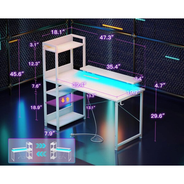 ODK Escritorio reversible para juegos con luces LED, escritorio de computadora de 40 pulgadas con estantes de almacenamiento y soporte para monitor, mesa de estudio para oficina en casa, dormitorio de - Imagen 42