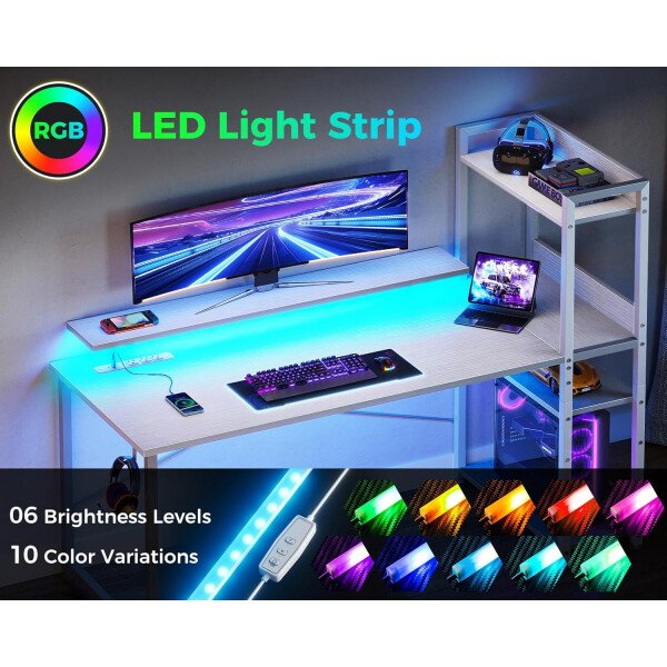 ODK Escritorio reversible para juegos con luces LED, escritorio de computadora de 40 pulgadas con estantes de almacenamiento y soporte para monitor, mesa de estudio para oficina en casa, dormitorio de - Imagen 43