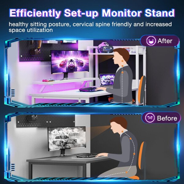 ODK Escritorio reversible para juegos con luces LED, escritorio de computadora de 40 pulgadas con estantes de almacenamiento y soporte para monitor, mesa de estudio para oficina en casa, dormitorio de - Imagen 48