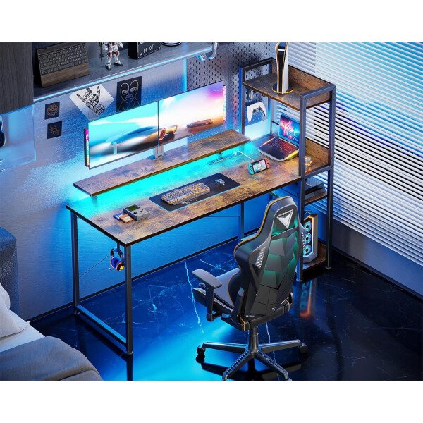 ODK Escritorio reversible para juegos con luces LED, escritorio de computadora de 40 pulgadas con estantes de almacenamiento y soporte para monitor, mesa de estudio para oficina en casa, dormitorio de - Imagen 50