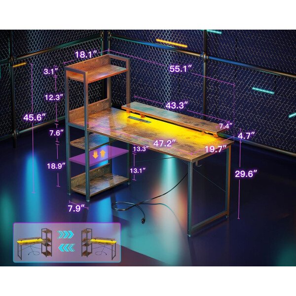 ODK Escritorio reversible para juegos con luces LED, escritorio de computadora de 40 pulgadas con estantes de almacenamiento y soporte para monitor, mesa de estudio para oficina en casa, dormitorio de - Imagen 51