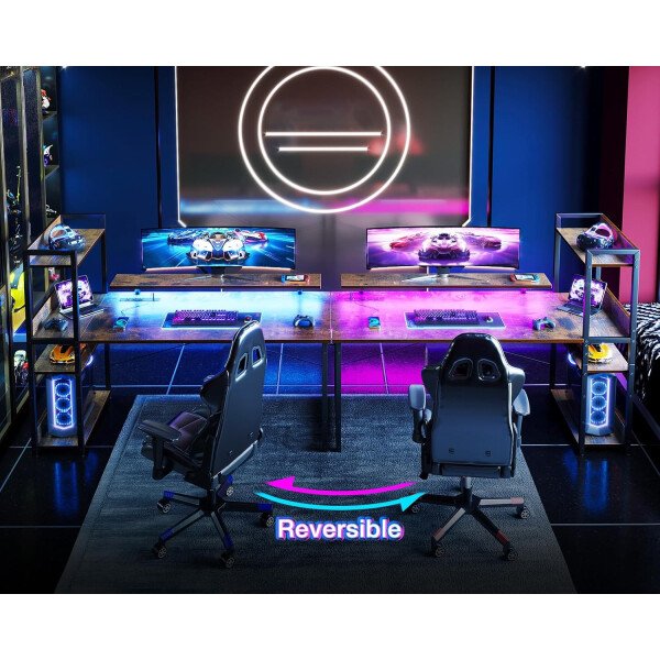 ODK Escritorio reversible para juegos con luces LED, escritorio de computadora de 40 pulgadas con estantes de almacenamiento y soporte para monitor, mesa de estudio para oficina en casa, dormitorio de - Imagen 54