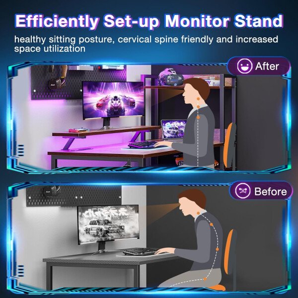 ODK Escritorio reversible para juegos con luces LED, escritorio de computadora de 40 pulgadas con estantes de almacenamiento y soporte para monitor, mesa de estudio para oficina en casa, dormitorio de - Imagen 56