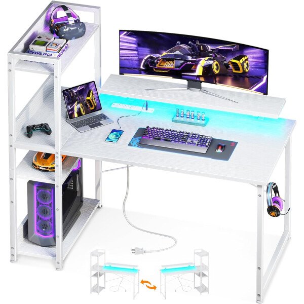 ODK Escritorio reversible para juegos con luces LED, escritorio de computadora de 40 pulgadas con estantes de almacenamiento y soporte para monitor, mesa de estudio para oficina en casa, dormitorio de - Imagen 57