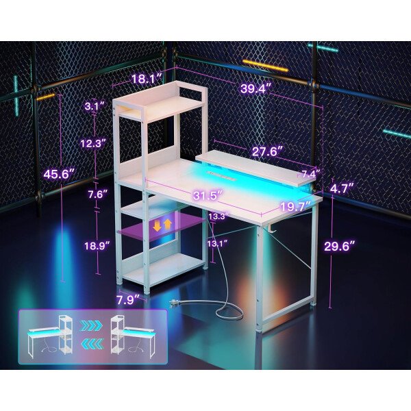 ODK Escritorio reversible para juegos con luces LED, escritorio de computadora de 40 pulgadas con estantes de almacenamiento y soporte para monitor, mesa de estudio para oficina en casa, dormitorio de - Imagen 59