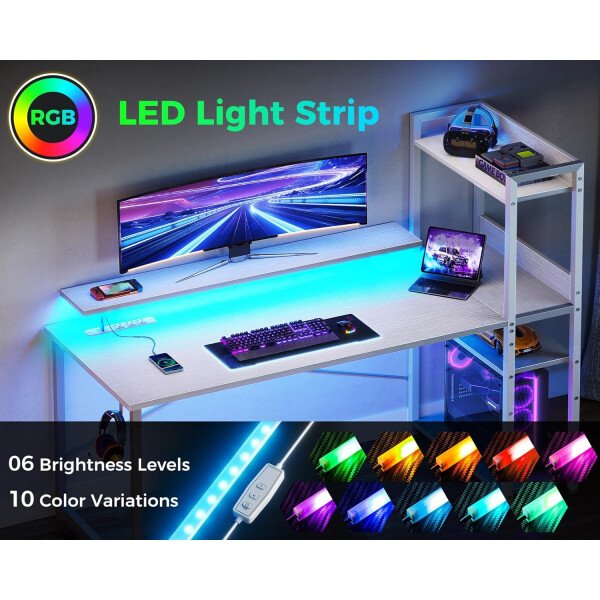 ODK Escritorio reversible para juegos con luces LED, escritorio de computadora de 40 pulgadas con estantes de almacenamiento y soporte para monitor, mesa de estudio para oficina en casa, dormitorio de - Imagen 60