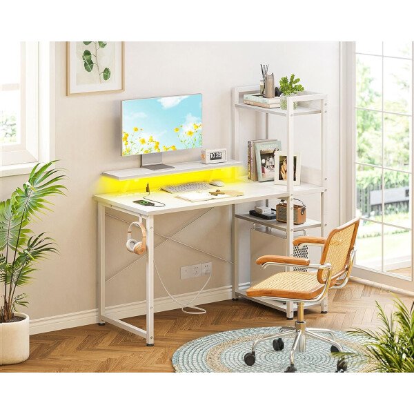 ODK Escritorio reversible para juegos con luces LED, escritorio de computadora de 40 pulgadas con estantes de almacenamiento y soporte para monitor, mesa de estudio para oficina en casa, dormitorio de - Imagen 62