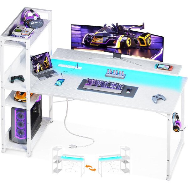 ODK Escritorio reversible para juegos con luces LED, escritorio de computadora de 40 pulgadas con estantes de almacenamiento y soporte para monitor, mesa de estudio para oficina en casa, dormitorio de - Imagen 63