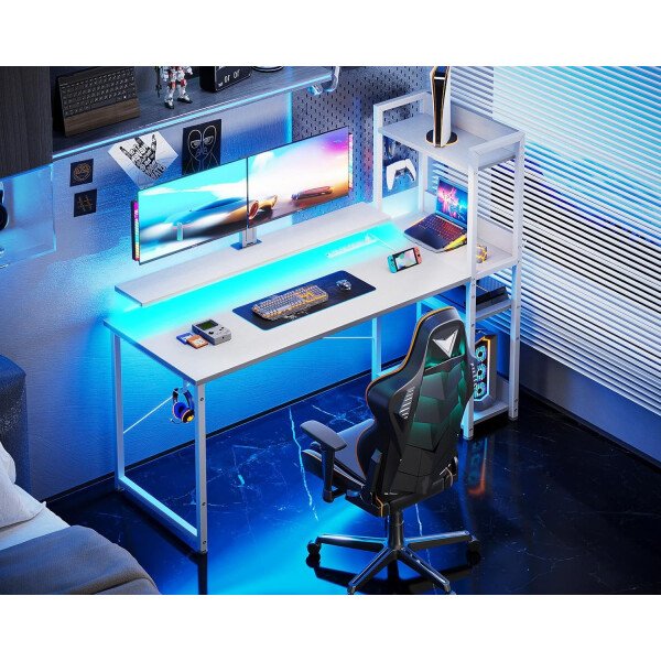ODK Escritorio reversible para juegos con luces LED, escritorio de computadora de 40 pulgadas con estantes de almacenamiento y soporte para monitor, mesa de estudio para oficina en casa, dormitorio de - Imagen 64