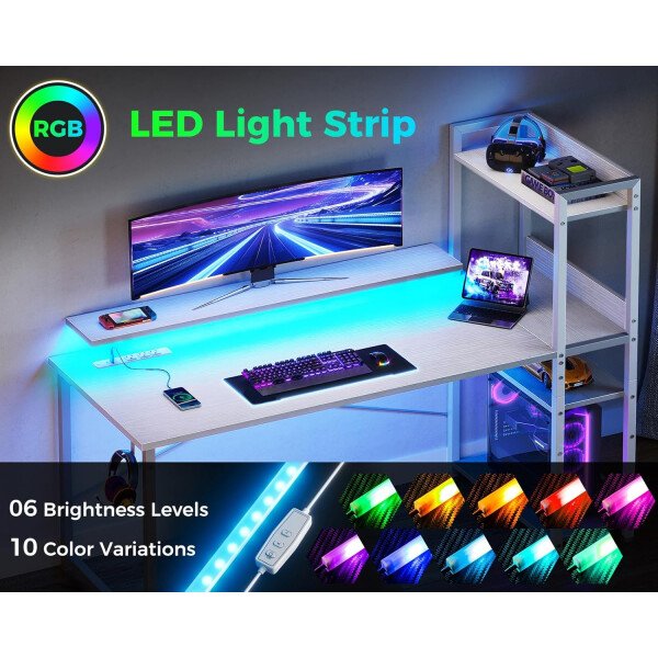 ODK Escritorio reversible para juegos con luces LED, escritorio de computadora de 40 pulgadas con estantes de almacenamiento y soporte para monitor, mesa de estudio para oficina en casa, dormitorio de - Imagen 66