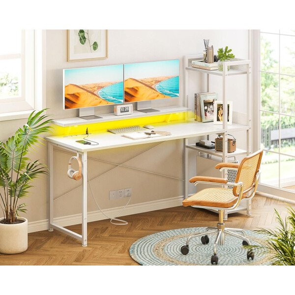 ODK Escritorio reversible para juegos con luces LED, escritorio de computadora de 40 pulgadas con estantes de almacenamiento y soporte para monitor, mesa de estudio para oficina en casa, dormitorio de - Imagen 67
