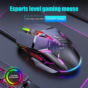 Ratón ergonómico para juegos con cable de 3200 DPI, USB, retroiluminado RGB, 6 botones, LED, silencioso, para PC y portátil