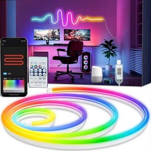 Tira de luces LED de neón RGBIC de 5 V, tiras de colores USB con control remoto por aplicación Bluetooth, sincronización de música, cambio de color para fiestas y hogar.