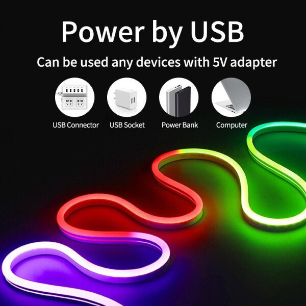 Tira de luces LED de neón RGBIC de 5 V, tiras de colores USB con control remoto por aplicación Bluetooth, sincronización de música, cambio de color para fiestas y hogar. - Imagen 2
