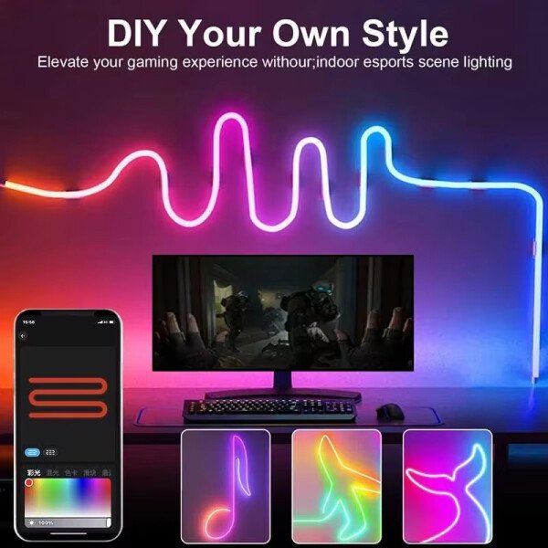 Tira de luces LED de neón RGBIC de 5 V, tiras de colores USB con control remoto por aplicación Bluetooth, sincronización de música, cambio de color para fiestas y hogar. - Imagen 3