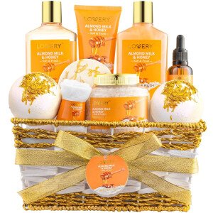 Cesta de regalo para mujer – Juego de 10 piezas de leche de almendras y miel de belleza y cuidado personal – Paquete de baño en casa para relajarse – Kit de cuidado personal de spa – Gracias