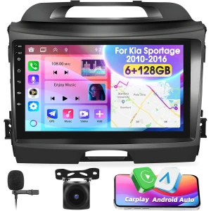6+128G 8 Core Car Stereo Radio para Kia sportage 2010-2016 9 "Pantalla táctil Audio con CarPlay Android Auto Bluetooth GPS Navi Mirror Link WiFi EQ RDS Cámara de respaldo de alta fidelidad