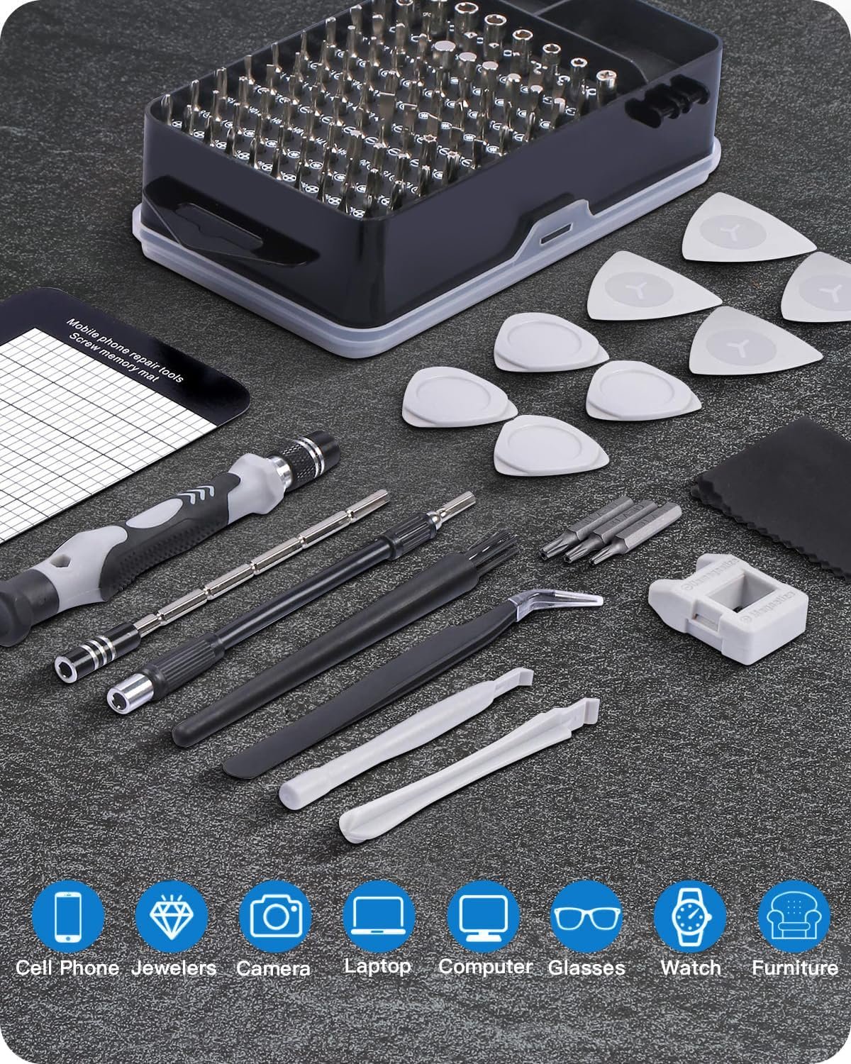 Kit de destornilladores de precisión 122 en 1, juegos de destornilladores para laptop con 101 brocas magnéticas, accesorios de computadora, kit de herramientas electrónicas compatible con - Imagen 7